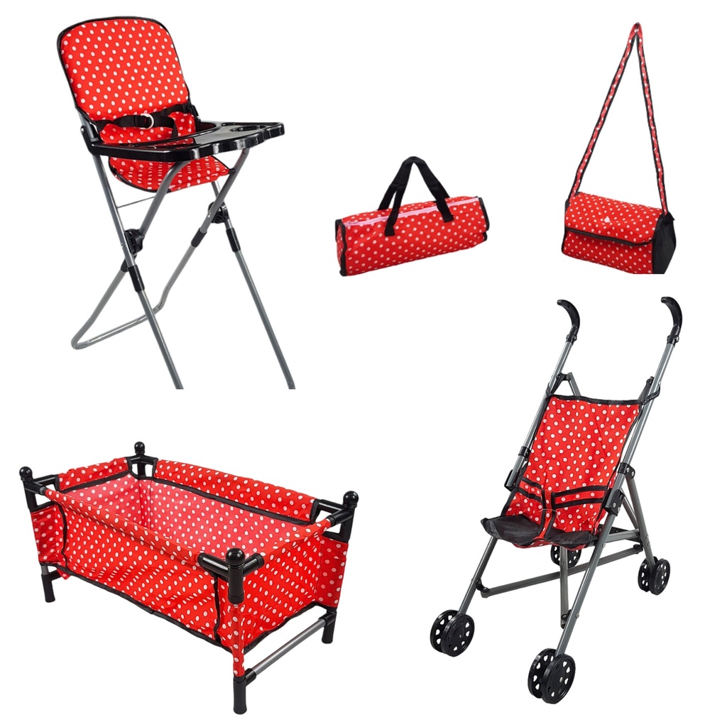SET DE JUGUETE CON CARRIOLA CUNA CAMBIADOR Y SILLITA ALTA