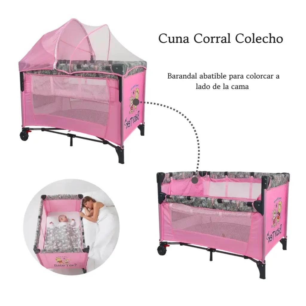 CUNA CORRAL MOVIBLE CON CAMBIADOR COLECHO TEK-CUFD ROSA